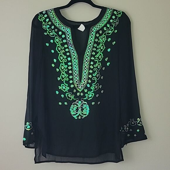 Venus Black Long Sleeve Sheer Tunic/ beach cover up with Sequins. Size Small - Picture 1 of 7